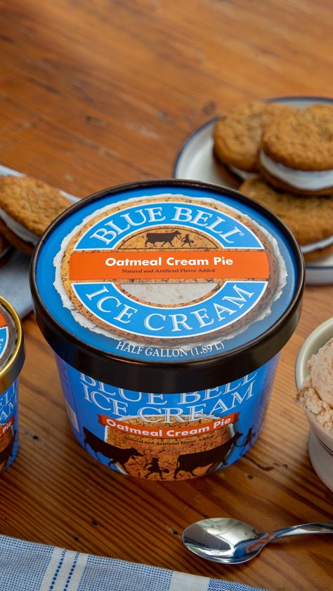 You can never have too much of a good thing! 😀 Our Oatmeal Cream Pie Ice Cream is a delicious oatmeal flavored ice cream with hints of brown sugar mixed with soft oatmeal cookies and a vanilla icing swirl. Available in the pint and half gallon sizes, but only for a limited time! Oatmeal Cream Pie Ice Cream, Oatmeal Cream Pie, Soft Oatmeal Cookies, Oatmeal Flavors, Delicious Oatmeal, Blue Bell Ice Cream, Pie Ice Cream, Flavored Ice, Oatmeal Cream Pies