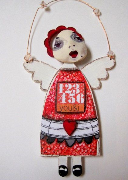 Love Angel Mixed Media Art Doll Wood Angel with Hanger by IMGirl Altered Dolls, Hanger Christmas, Assemblage Art Dolls, Paper Mache Dolls, Wood Angel, Collage Work, Love Angel, Scrap Art, Handmade Angels