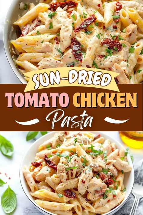 Try sun-dried tomato chicken pasta for a restaurant-worthy dish at home! It's creamy, cheesy, and so luxurious! Creamy Basil Chicken, Basil Chicken Pasta, Tomato Chicken Pasta, Longhorn Parmesan Crusted Chicken, Chicken Basil Pasta, Dried Tomato Pasta, Chicken Breast Tenderloins, New Recipes For Dinner, Tomato Chicken