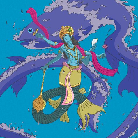 Matsya: The Fish , Aman Rawat on ArtStation at https://www.artstation.com/artwork/aYXldL Matsya Avatar Art, Matsya Avatar, First Avatar, Satya Yuga, Human Torso, Luxury Branding Identity, The Mahabharata, Commercial Art, Lord Vishnu