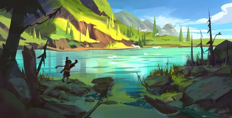 Lake Concept Art, Lake Background, Painting Classes, Life Poster, Background Art, Landscape Drawings, Environmental Art, Fantasy Landscape, Scenery Wallpaper