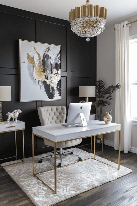 Sleek Home Office, Budget Office Design, Manager Office Interior Design Modern, Home Office Ideas Black Desk, Black White And Gold Office, Simple Office Decor, Home Office Decor For Women, Feminine Home Office Ideas, Gold Office Decor