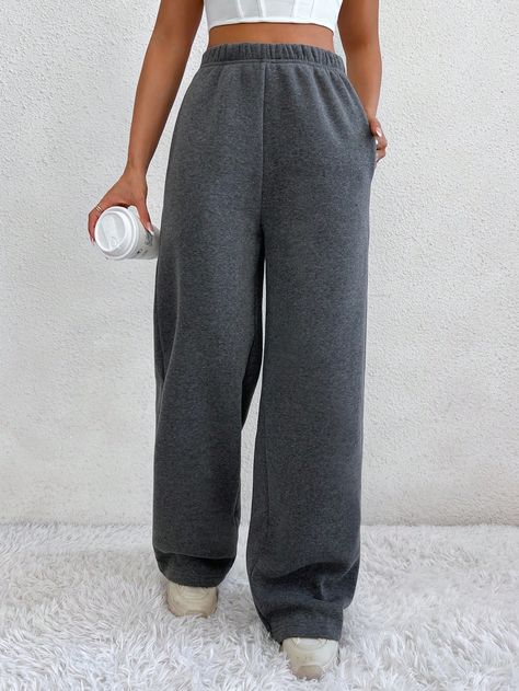 Dark Grey  Collar  Fabric Plain Straight Leg Embellished Medium Stretch  Women Clothing Straight Leg Sweatpants Outfit, Women Sweatpants, Sweatpants Outfit, Wide Leg Sweatpants, Outfits Ideas, Women Clothing, Dark Grey, Womens Bottoms, Elastic Waist