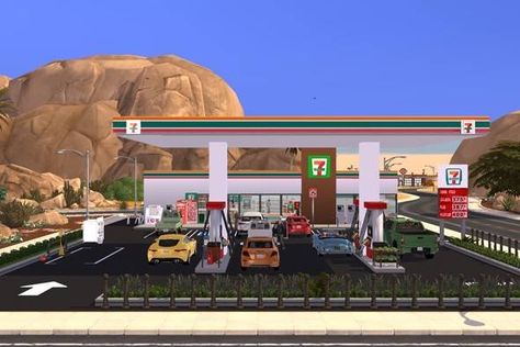 Sims Gas Station, Sims 4 Gas Station, Sims 4 Gas Station Cc, 7 Eleven Gas Station, Gas Station Food, Seven Eleven, Around The Sims 4, 7 Eleven, Sims Free Play