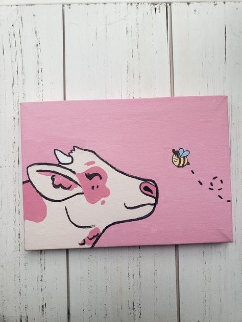 Bee Painting Acrylic, Small Painting Canvas, Mini Tela, Strawberry Cow, Bee Painting, Easy Acrylic Painting, Cow Canvas, Simple Canvas Paintings, Cute Canvas Paintings