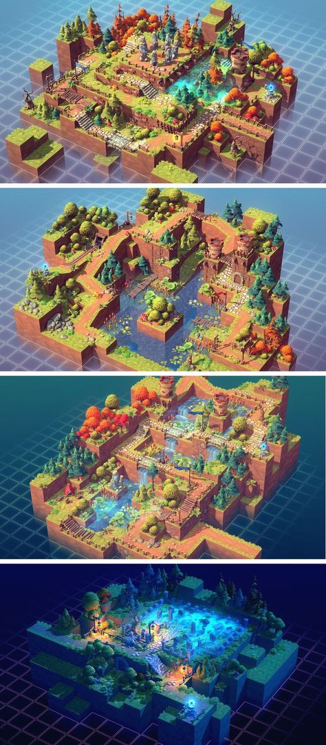 Isometric Pack 3d - modular blocks of surfaces (5 tiles multiplied by 8 combinations) - a variety of many props to choose from - trees, bushes and other types of vegetation - particle effects - Asset Store Game Design Art, Particle Effects, Game Art Environment, Game Level Design, Voxel Art, Game Designer, Environment Props, Bg Design, Isometric Art