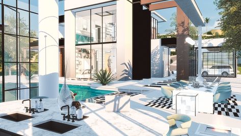 505 Beverly Hills Blvd | Her Majesty Builds on Patreon Curved Pool, The Sims 4 Lots, Luxury Gym, Luxury Exterior, Backyard Views, Beverly Hills Houses, Waterfalls Backyard, Casas The Sims 4, Sims Building