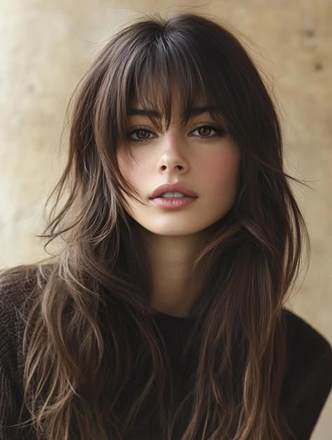 Long hair with bangs is the ultimate combination! Dive into 33 gorgeous haircuts that blend length and fringe for a show-stopping effect. Whether you prefer wispy bangs or a bold statement fringe, these styles offer versatility and flair. Find your perfect long hairstyle with bangs and make a lasting impression. Brunette With Long Bangs, Volume Bangs Hair, Fringe Haircut Women Long, Glam Hairstyles With Bangs, Long Hair Bangs Square Face, Long Bangs Glasses, Modern Bridget Bardot Hair, Haircut Style 2024, Hush Bangs