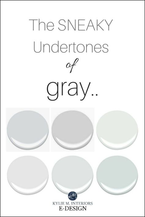 The undertones of a cool gray paint colour, blue, purple and green. Benjamin Moore and Sherwin Williams. Kylie M Interiors E-design, online virtual paint colour consulting Light Grey With Blue Undertones, Light Gray Paint With Blue Undertones, Light Gray With Blue Undertones, Greige With Blue Undertones, White Paint With Purple Undertones, White With Blue Undertone Wall Colors, White Paint With Grey Undertone, White With Grey Undertones Paint, White Paint Blue Undertone