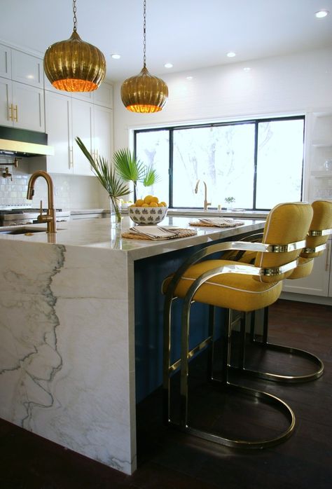 Vanessa Francis Design Hollywood Regency Kitchen, Blue Countertops, Waterfall Countertop, Glam Kitchen, Hollywood Regency Decor, Casa Vintage, One Room Challenge, Room Challenge, Gorgeous Kitchens