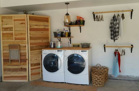 Simple garage laundry, screen covering water heater Garage Laundry Area With Water Heater, Garage Water Heater Hide, Water Heater Cover Ideas Laundry Rooms, Water Heater Cover Ideas, Hide Water Heater, Water Heater Cover, Laundry Remodel, Simple Laundry, Garage Laundry Rooms