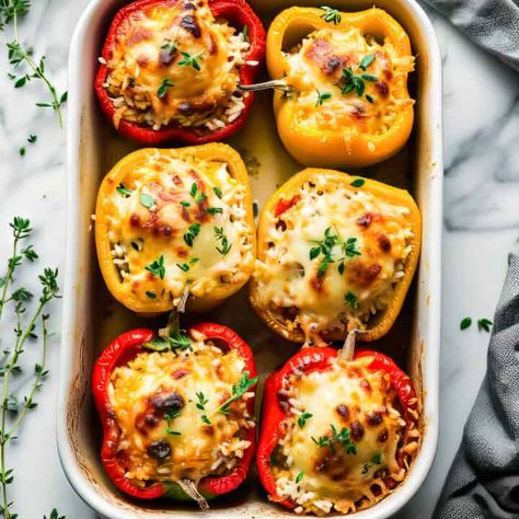 Easy Italian Stuffed Peppers - Salted Mint Italian Stuffed Peppers, Savory Rice, Easy Italian, Easy Family Dinners, Weeknight Dinners, Easy Vegetarian, Bell Peppers, Italian Sausage, Flavorful Recipes