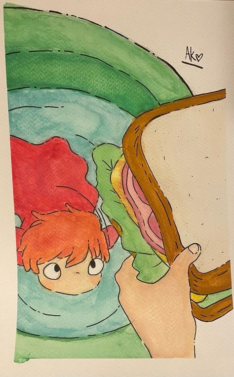 Studio Ghibli Art Ponyo, How To Draw Ponyo Studio Ghibli, Simple Ghibli Art, Drawing Ideas Studio Ghibli, Studio Gibhili Drawings, Studio Ghibli Aesthetic Drawing, Studio Gibhili Paintings, Gibli Studio Painting Ideas, Ponyo Anime Drawing