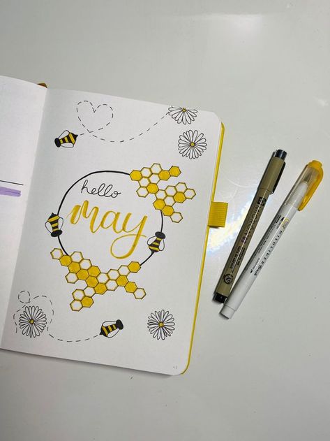 #bulletjournaling #art #beeart #journal May Bulett Journal Ideas, May Page Bullet Journal, Honey Bee Journal Ideas, Diary Monthly Ideas, Bulett Jornal Ideas Monthly, May Bujo Spread, May Dot Journal Ideas, Bullet Journal Ideas May Cover, Bee Theme Bullet Journal