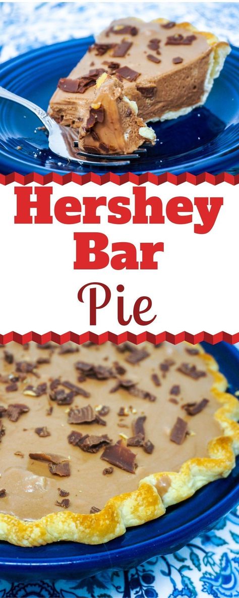 Hershey Bar Pie is a classic recipe that has such a rich and dreamy chocolate flavor. The thick chocolate filling starts off with Hershey Bars with Almonds and marshmallows all melted together then folded into freshly whipped cream. This will become your favorite Chocolate Pie. | Hershey Chocolate Pie | Hershey's Bar Pie | Hershey Bar Pie with Marshmallows | Candy Bar Pie | Chocolate Pie Ideas | #Chocolate #Hershey #Pie #Dessert Hersheys Pie, Hershey Bar Pie, Hershey Chocolate Pie, Candy Bar Pie, Hershey Pie, Hershey Recipes, Chocolate Hershey, Chocolate Mousse Pie, Homemade Crust