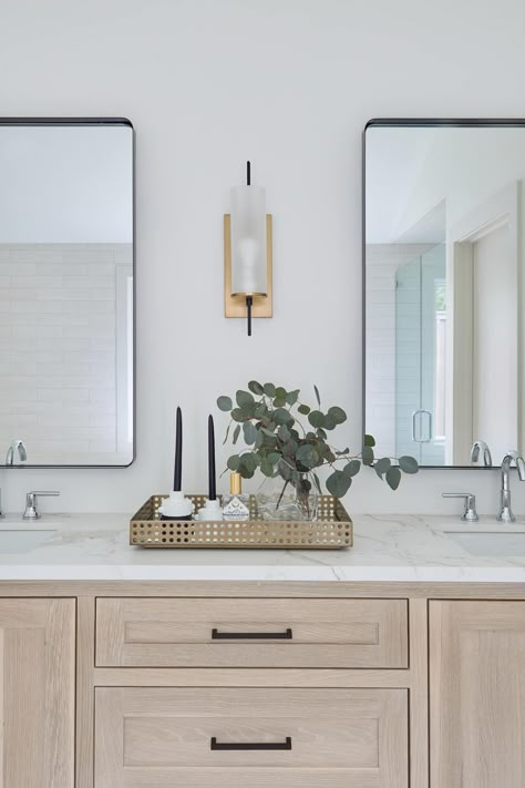 Light white oak bathroom vanity finished with Rubio Monocoat Oil Plus 2C Black And Gold Bathroom, Brass Vanity Light, Modern Vanity Lighting, Oak Bathroom, Light Fixtures Bathroom Vanity, Vanity Light Fixtures, Vanity Lights, Gold Bathroom, Glass Bathroom