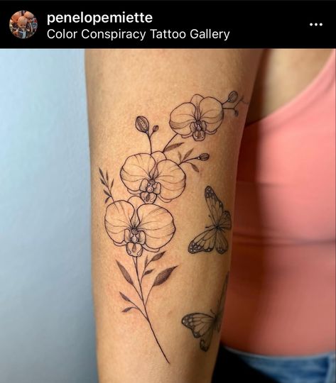 Orchid Collar Bone Tattoo, Orchid And Sunflower Tattoo, Butterfly Orchid Tattoo, Orchid Branch Tattoo, Orchid Butterfly Tattoo, Orchid Back Tattoo, Nettle Tattoo, Fine Line Orchid Tattoo, Orchid Tattoo Design