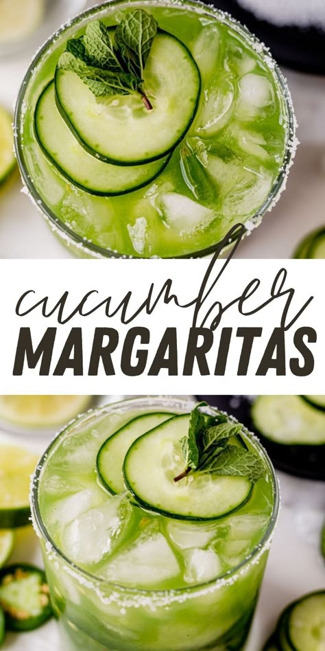 This 5 ingredient cucumber margarita recipe is made with fresh cucumber, tequila, lime juice, triple sec and agave. Add jalapeño to make them spicy! The cooling, fresh taste of cucumber combined with fresh lime juice and agave makes a dream match up for a refreshing margarita. The sweetness from the agave balances well with the acid from the lime juice. There's just the right amount of tequila and orange liquor! Cucumber Margarita Recipe, Lime Margarita Recipe, Apple Cider Sangria Recipe, Cucumber Margarita, Orange Liquor, Blood Orange Margarita, Spicy Cocktail, Jalapeno Margarita, Fresh Cucumber