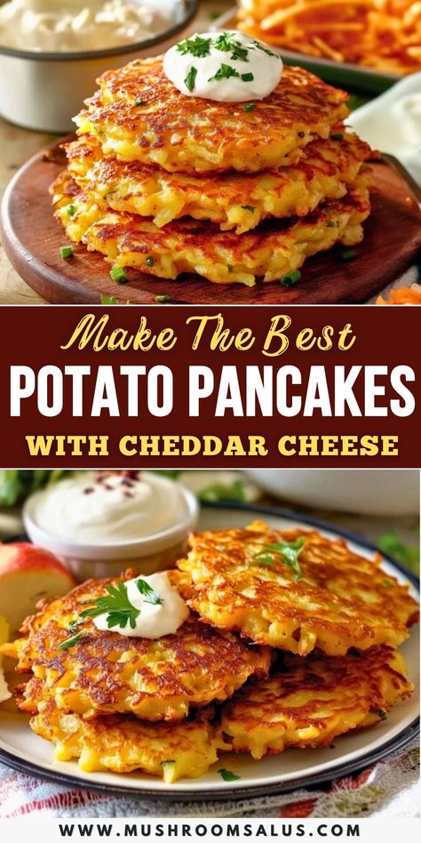 Crispy, golden, and packed with cheesy goodness, these Cheesy Potato Pancakes are the ultimate comfort food! Perfect for breakfast, brunch, or a savory snack, they’re easy to make and utterly delicious. Serve them with sour cream or your favorite dip for a crowd-pleasing treat. Save this recipe now and turn leftover mashed potatoes into something magical! Cheesy Mashed Potato Pancakes, Leftover Mashed Potato Breakfast, Cheesy Potato Cakes, Mashed Potato Breakfast Ideas, Potato Cakes From Mashed Potatoes Simple, Potato Pancakes With Mashed Potatoes, Leftover Potatoes Recipes, Pancakes With Crispy Edges, Potato Pancakes From Mashed Potatoes