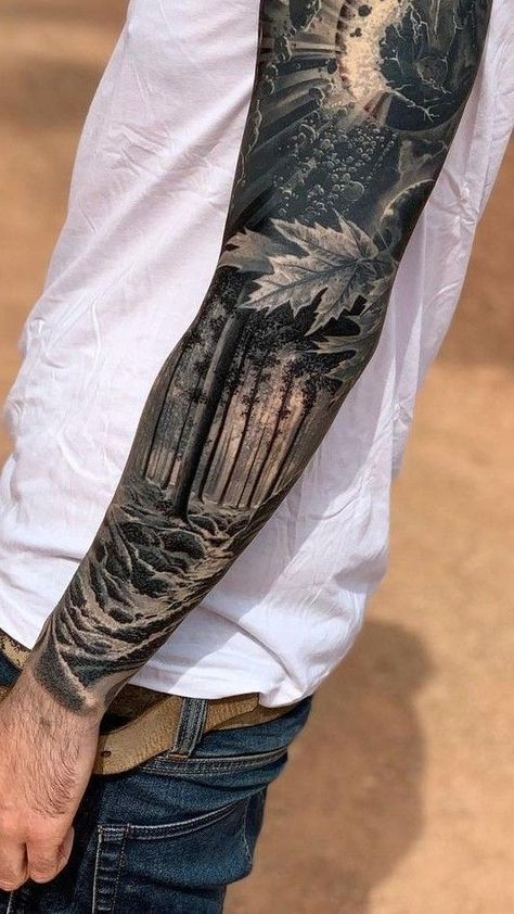 Snowmobile Tattoo Sleeve, Full Animal Sleeve Tattoos, Full Nature Sleeve Tattoo, Woods Sleeve Tattoo, Mens Sleeve Tattoo Ideas Nature, Mountain Theme Tattoo Sleeve, Mens Fox Tattoo, Men’s Nature Sleeve Tattoo, Woodsy Tattoos Men