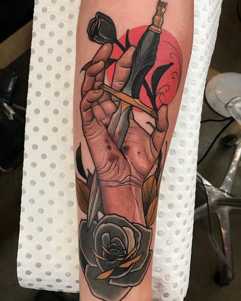 Dagger in Hand tattoo by @drewshallis at @voodoogosford in Central Coast, NSW Australia #drewshallis #voodoogosford #voodootattoo… Traditional Tattoo Of Hand, Hand Holding Tattoo, Voodoo Tattoo, Traditional Hand Tattoo, Neo Traditional Tattoos, Monster Tattoo, Neotraditional Tattoo, Skeleton Hand Tattoo, Dagger Tattoo