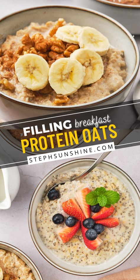 Bowls of protein oats with different toppings and add-ins, like chia seeds, berries, bananas, cinnamon, and walnuts; text says, "filling breakfast: protein oats." Chickpea Oatmeal, Oatmeal Protein Smoothie, High Protein Oatmeal Recipes, Protein Oatmeal Recipes, High Protein Oatmeal, Breakfast Protein, Protein Oats, Oatmeal Toppings, Breakfast Oatmeal Recipes