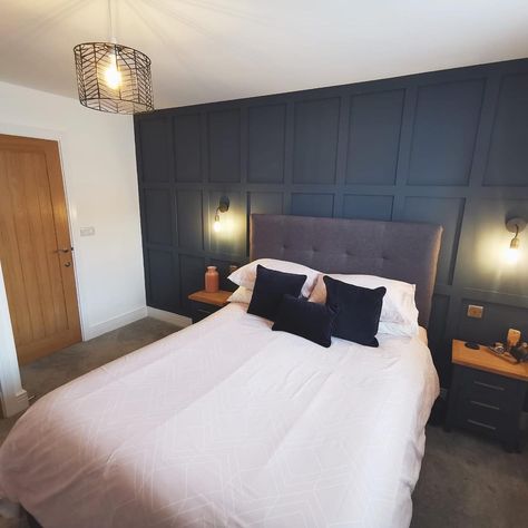 Blue Panelling Wallpaper Bedroom, Navy Wall Panelling Bedroom, Hague Blue Panelling Bedroom, Hague Blue Panelling, Navy Bedroom Panelling, Blue Panelled Bedroom, Navy Panelling Bedroom, Stiffkey Blue Bedroom, Navy Feature Wall Bedroom