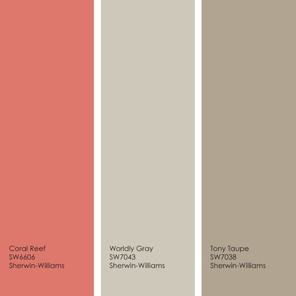 How to Give Neutral Paint Colors a Subtle Jolt - HOUZZ Coral Bedroom, Worldly Gray, Coral Accents, Neutral Paint Colors, Neutral Paint, House Color, Interior Painting, Color Palate, Interior Paint Colors