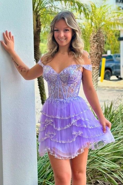 Make a statement at your next homecoming with our Stunning Off-Shoulder Sweetheart Ruffles Short Homecoming Dress. The off-shoulder design and sweetheart neckline adds a touch of elegance, while the ruffled skirt adds a playful and fun element. Feel confident and beautiful in this must-have dress! Romper Prom Dress, Sparkly Corset, Off The Shoulder Homecoming Dress, Two Piece Romper, Sequin Homecoming Dress, Sheer Corset, Winter Formal Dresses, Junior Prom Dresses, Tiered Ruffle Skirt