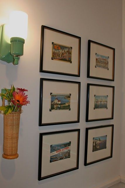 love it!! I've been collecting vintage postcards for over ten years! I love how they framed them. Mine are just in cheap IKEA frames Vintage Postcards Decor, Vintage Postcard Display, Postcard Display, Roses Birthday, Postcard Wall, Postcard Art, Framed Postcards, Polished Pebble, Quotes Happy