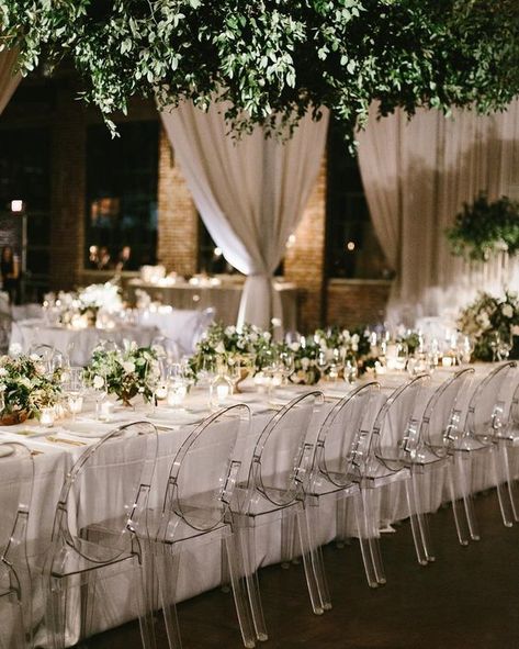 Ghost Chairs Wedding Reception, Ghost Chair Wedding, Wedding Reception Chairs, Clear Chairs, Wedding Design Inspiration, Wedding Table Setting, Martha Weddings, Wedding Reception Design, Wedding Reception Inspiration