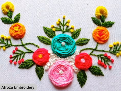 Afroza Embroidery - Woven Rose | How to do a Woven Wheel stitch | Spider Web Rose stitch | hand embroidery flower design Woven Stitch Embroidery Design, Woven Stitch Embroidery, Spider Web Stitch Embroidery Design, Spider Stitch Embroidery Designs, Woven Rose Embroidery Design, Woven Wheel Stitch, Spider Stitch, Rose Stitch, Embroidery Flower Design