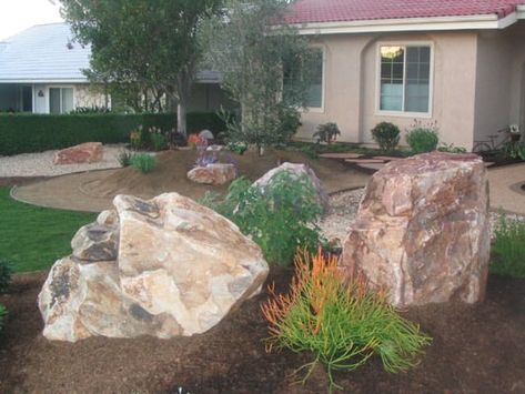 Landscape Boulders, Boulder Garden, Landscaping With Boulders, Driveway Landscaping, Landscape Fabric, Landscaping Tips, House Landscape, Landscaping With Rocks, Landscaping Plants