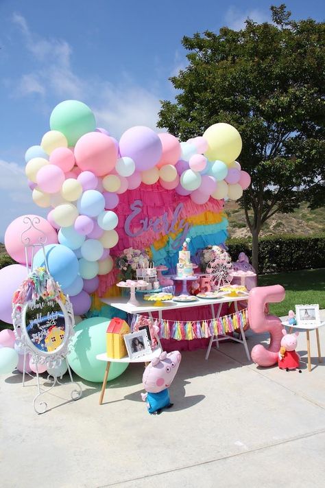 Pastel Rainbow Peppa Pig Themed Dessert Table from a Peppa Pig Birthday Party on Kara's Party Ideas | KarasPartyIdeas.com (9) Pastel Rainbow Color Palette, Pig Birthday Party Decorations, Tassel Backdrop, Peppa Pig Birthday Decorations, Peppa Pig Birthday Party Decorations, Peppa Pig Decorations, Peppa Party, Rainbow Color Palette, Peppa Pig Wallpaper