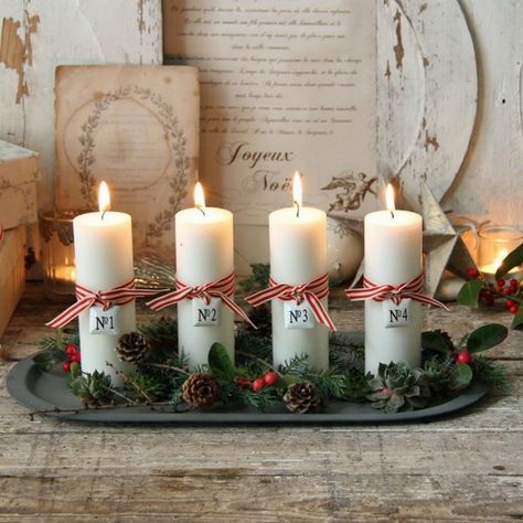 advent light ideas advent candles white pillar candles pine cones tray rustic decor Christmas Candle Decorations Ideas, Natal Country, Advent Wreath Diy, Christmas Candles Diy, Christmas Decorations Cheap, Christmas Candle Decorations, Advent Candles, Advent Wreath, Cheap Christmas