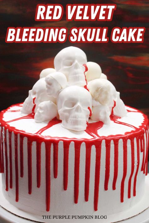 Celebrate this Halloween with a cake that truly steals the spotlight! Introducing our Red Velvet Bleeding Skull Drip Cake, a delectable masterpiece combining luscious red velvet layers and creepy white chocolate skulls. Master the bloody drip effect with red cookie icing and learn how to make a jaw-dropping mound of skulls. Perfect for Halloween parties or as a centerpiece for your spooky dinner table. Unearth this must-try cake recipe today and impress your guests! Click for the full recipe! Chocolate Skulls, Cake For Halloween, Spooky Dinner, Skull Cake, Purple Pumpkin, Spooky Treats, Drip Cake, Cookie Icing, Velvet Cake