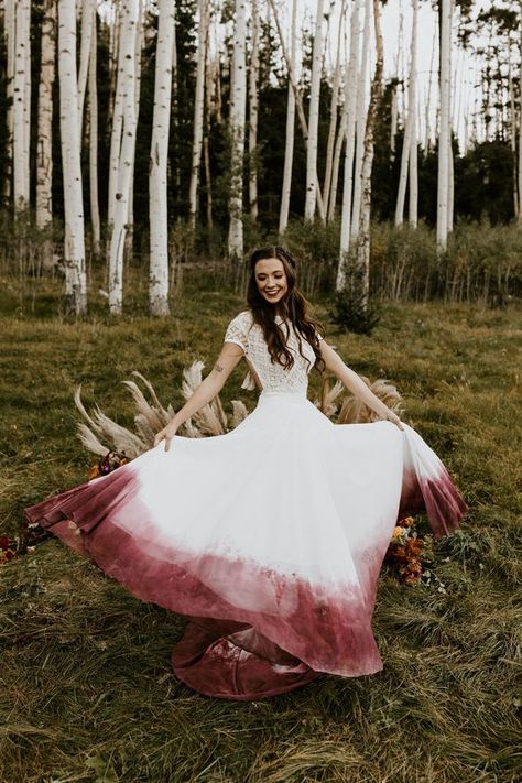 Picture of a boho wedding dress with a lace bodice with short sleeves and a dip dye burgundy and white skirt Dipped Wedding Dress, Modern Siren, Dip Dye Wedding Dress, Dye Wedding Dress, Ombre Wedding Dress, Nordic Wedding, Viking Wedding, Ombre Wedding, Flagstaff Az