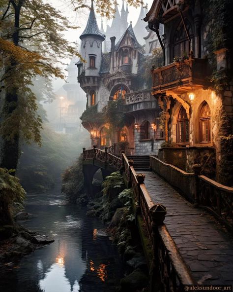 Rainy Castle Aesthetic, Fantasy Landscape Photography, Fairytale Village Aesthetic, Fantasy Places Art, Fantasy Inspiration Scenery, Fantasy Scenery Art, Fantasy Traveler, Fairytale Scenery, Magical Architecture