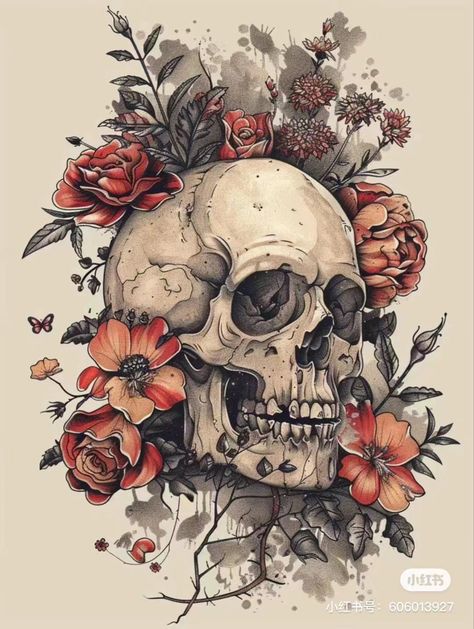 Plant Growing Out Of Skull Drawing, Skull And Flowers Art, Cottagecore Aesthetic Tattoo, Skull With Snake And Flowers, Sugar Skull Wallpaper Iphone, Floral Skull Tattoos For Women, Skull Flower Drawing, Pretty Hand Tattoos Unique, Sugar Skull Drawings