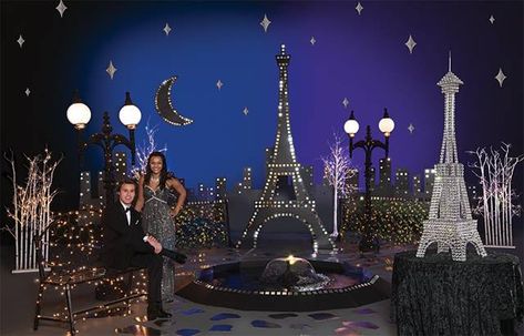 Reflections of Paris Complete Theme Night In Paris Theme Party, A Night In Paris Theme, Prom Theme Decorations, Paris Prom Theme, School Dance Themes, Eiffel Tower Centerpiece, Dance Decor, Prom Backdrops, Paris Theme Wedding