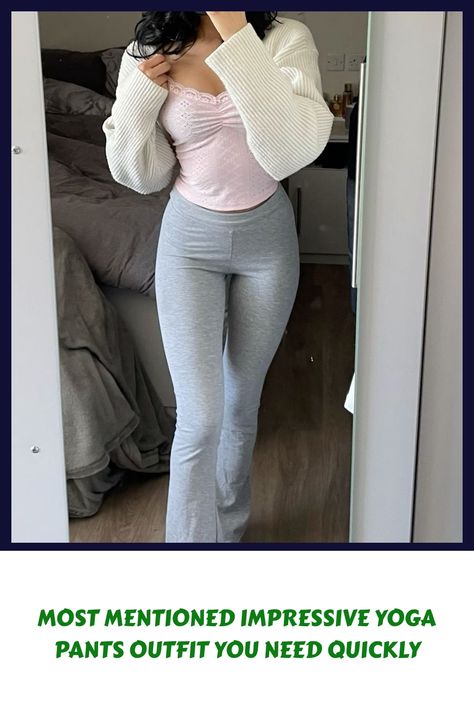 [AffiliateLink] Grey Yoga Pants Outfit Inspiration With White Shrug Cardigan/Bolero And Pastel Pink Tank Top With Uggs. Croquette Style, Princess Pilates Outfit, Pilates Outfit, Flared Pants, Model Off Duty Look, Hourglass Figure, Flared Jeans, Outfit Ideas, Outfit Inspo, School Outfit, Student Outfit, College Outfit, University Outfit, Minimalist Outfit, Minimalistic Outfit, Chic Outfit, Casual Outfit, Grey Flared Leggings, Pilates Princess #flareyogapantsoutfit Grey Flare Leggings Outfit, Flared Jeans Outfit Ideas, Grey Flared Leggings, Grey Yoga Pants Outfit, Flared Jeans Outfit, Chic Outfit Casual, Model Off Duty Look, Princess Pilates, Flare Leggings Outfit