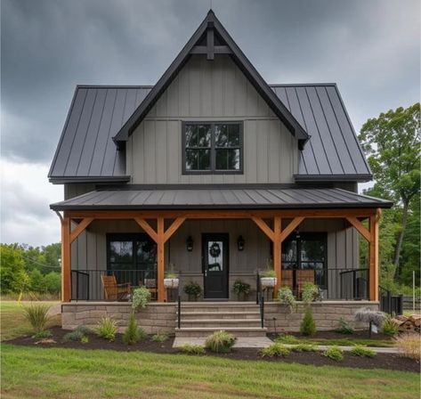 Green House Black Trim Wood Accents, Narrow Barndominium Floor Plans, Metal Siding House, Building Colour, Lakehouse Exterior, Lake Aesthetics, Exterior Farmhouse, House Colours, Paint Color Ideas