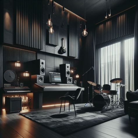 Dark Music Studio, Music Studio Room Luxury, Music Studio Room Aesthetic, Black Home Design, Modern Music Room, Mafia House Aesthetic, Cyberpunk Interior, Fall Decal, Home Music Rooms