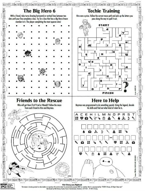 Click HERE to download the free pdf. You can print it or just save it for later. This puzzle page would be a fun activity for a Big Hero 6 themed birthday party or family movie night. There are 2 mazes, a box game and a coded word puzzle. Kids may even want to color in the … Disney Activity Pages, Disney Activity Sheets Free Printables, Disney Bingo Printable Free, Disney Activity Sheets, Disney Worksheets, Disney Printables Free, Disney Big Hero 6, Disney Activities, Free Printable Puzzles