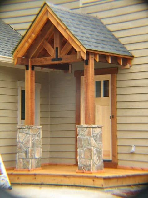 Most houses have a small porch that’s big enough only for a couple of chairs. Add a roof to the front porch and you’ll not just get additional space i... | Slate Porch Roof over a Wooden Structure #Porch #Porches #PorchRoof #HomeDecor Porch Roof Ideas, Front Porch Stone, Door Overhang, Small Porch, Porch Remodel, Exterior House Ideas, Building A Porch, Roof Ideas, Porch Roof