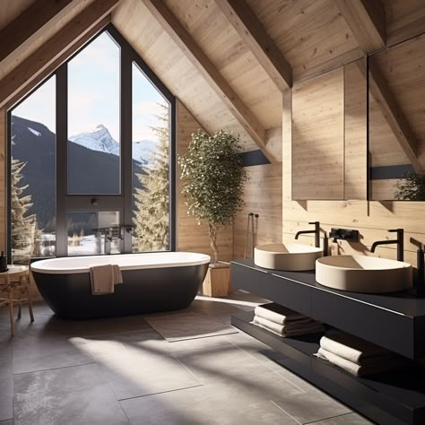 Modern Ski House Bathroom, Modern Pnw Home, Scandinavian Modern House Interiors, Wood House Interior Design, Modern Mountain Bathroom, Mountain Modern Bathroom, Wood House Interior, Chalet Bathroom, Scandinavian Modern House