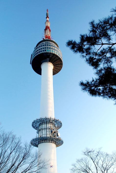 The N Seoul Tower, officially the CJ Seoul Tower and commonly known as the Namsan Tower and Seoul Tower, is a communication and observation tower located on Namsan Mountain in central Seoul, South K Namsan Tower Drawing, N Seoul Tower, Korea Photography, Ap Portfolio, Seoul Tower, Namsan Tower, South Korea Photography, Observation Tower, North Tower