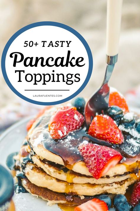 A stack of pancakes with strawberries, blueberries, syrup and powdered sugar Pancake Topping Ideas, Pancake Toppings Healthy, Double Chocolate Pancakes, Blueberry Syrup Recipe, Homemade Syrups, The Best Pancakes, Yummy Pancake Recipe, Best Pancakes, Fruit Pancakes