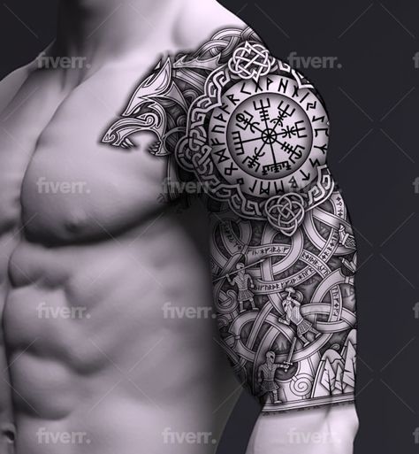 Create perfect celtic, nordic, viking, runes tattoo vector stencil design by Tattoowizardsco | Fiverr Upper Arm Norse Tattoo, Fenrir Tattoo Sleeve, Full Body Viking Tattoo, Norse Tattoo Half Sleeve, Viking Tattoo Half Sleeve, Norse Style Tattoo, Animated Tattoos Ideas For Men, Boho Tattoos Men, Viking Tribe Tattoo