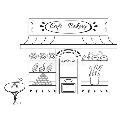 Bakery shop building facade with signboard. Hand. Drawn illustration or icon for #Sponsored , #AD, #paid, #building, #Bakery, #illustration, #facade Clip Art Black And White, Bakery Shop Design, Shopping Clipart, Kitchen Artwork, Shop Buildings, Shop Illustration, Bakery Shop, Shop Front Design, Clipart Black And White